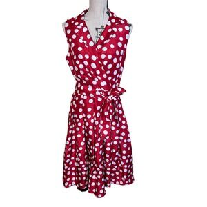 Jessica Howard Red Polka Dot Dress 10 Sleeveless Belted Pleated Fit & Flare